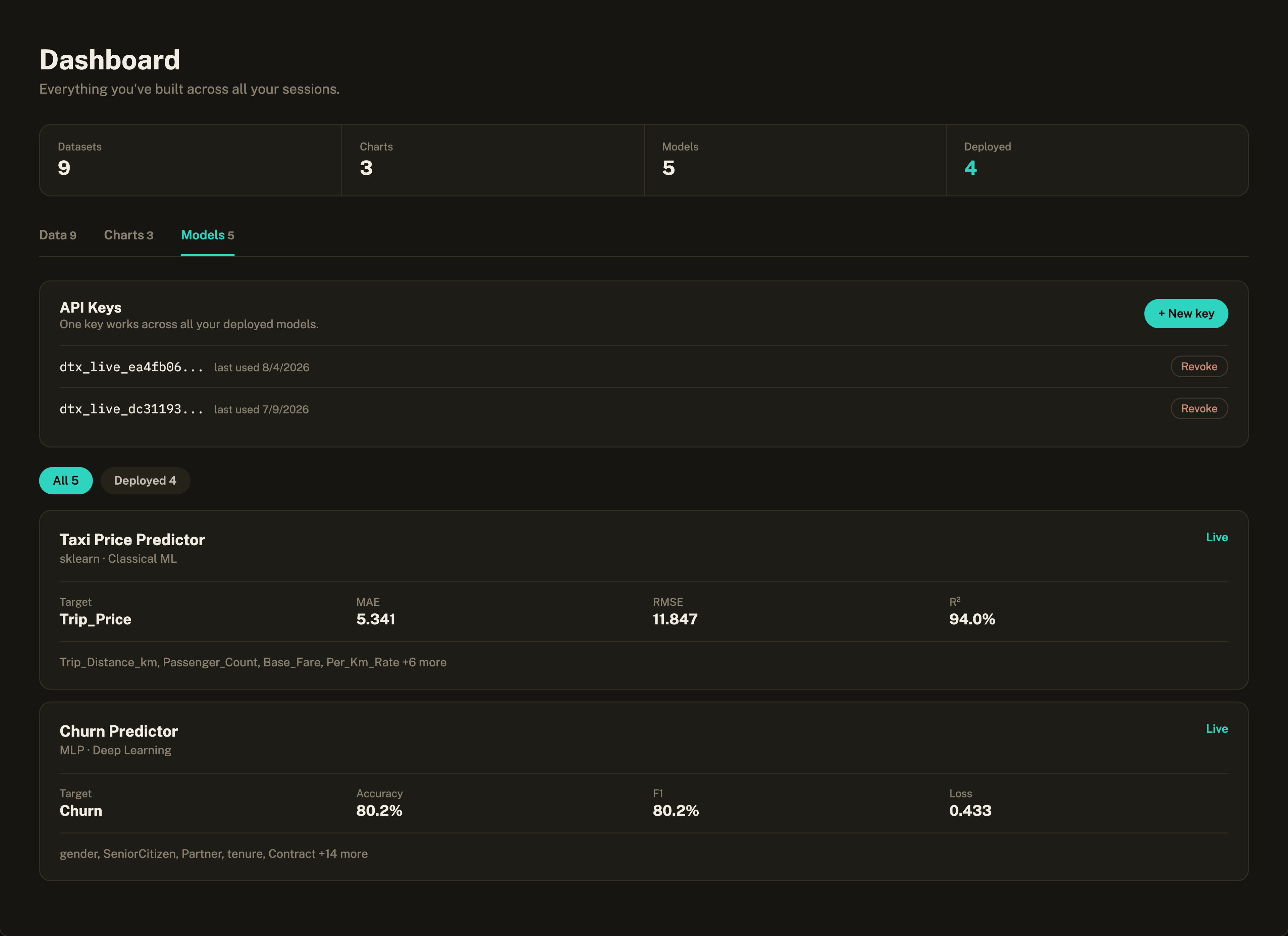 Datrov dashboard listing trained models, API keys, and datasets across all sessions